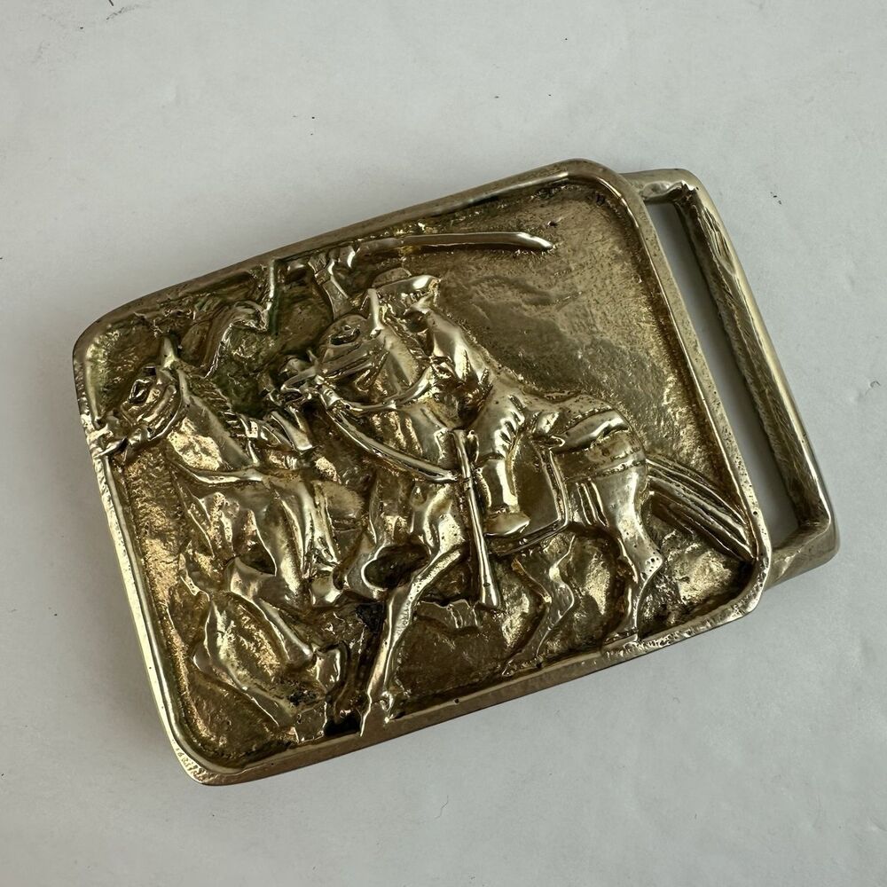 Vintage Solid Brass Belt Buckle Cowboy Western Battle Swords Horse Soldier Rodeo